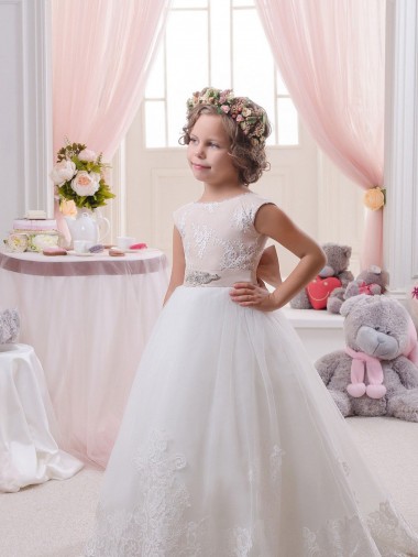 Marfim Barco Sem Mangas Costas em V Vestido de Baile Tule & Renda Vestidos para Meninas de Flores Online