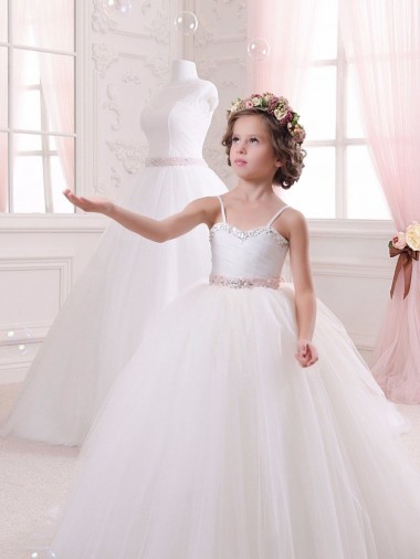 Marfim Amor Sem Mangas Vestido de Baile Tule Vestidos para Meninas de Flores Online