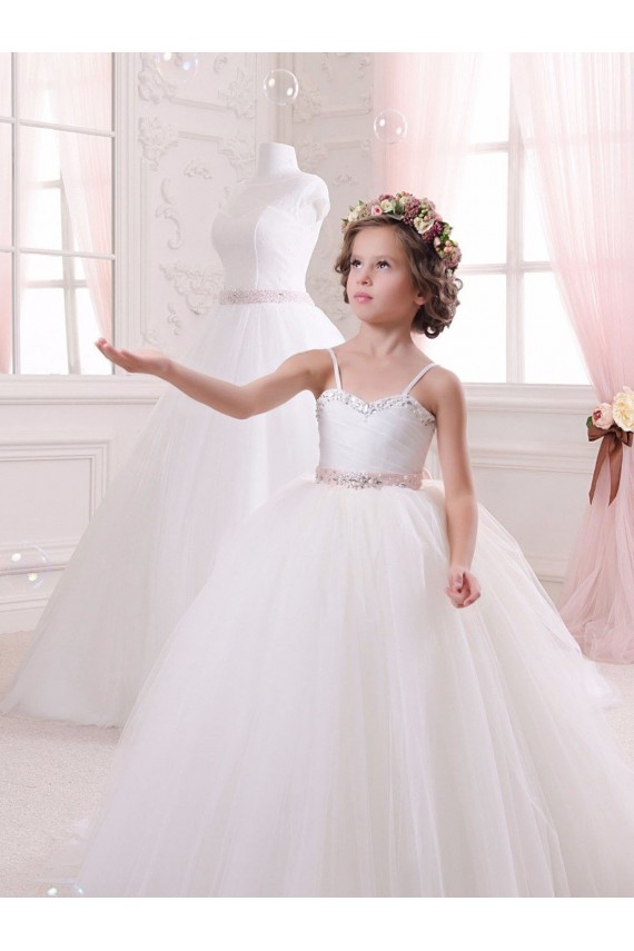Marfim Amor Sem Mangas Vestido de Baile Tule Vestidos para Meninas de Flores Online