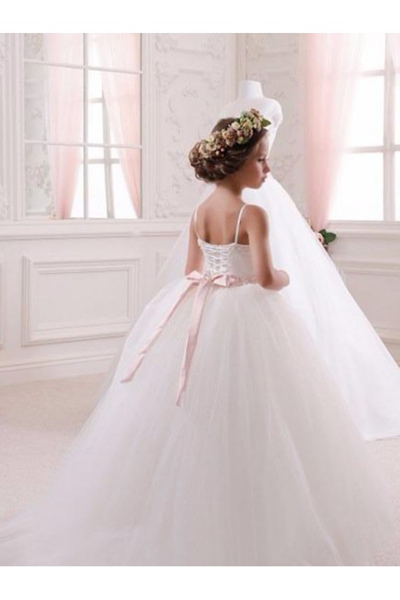 Marfim Amor Sem Mangas Vestido de Baile Tule Vestidos para Meninas de Flores Online