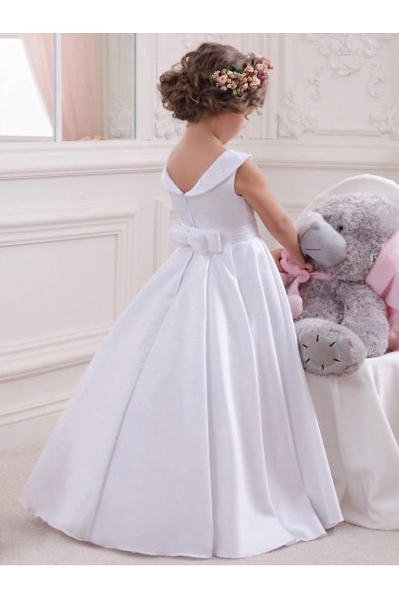 Marfim Barco Sem Mangas Vestido de Baile Longo Vestidos para Meninas de Flores Online