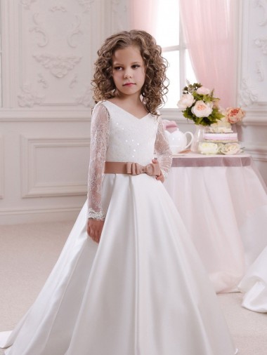 Marfim Decote V Mangas Compridas Vestido de Baile Vestidos para Meninas de Flores Online