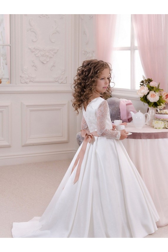 Marfim Decote V Mangas Compridas Vestido de Baile Vestidos para Meninas de Flores Online