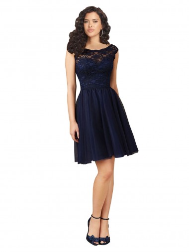 Marinha Negra Barco Sem Mangas Costas em V Linha A Vestidos de Madrinha / Vestidos de Cocktail / Vestidos de Homecoming Online