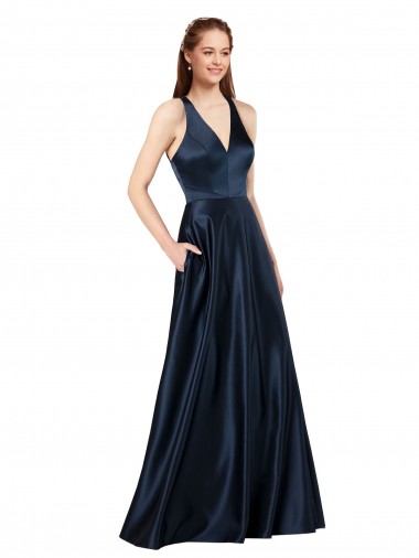 Marinha Negra Decote V Sem Mangas Buraco da fechadura Linha A Vestidos de Madrinha / Vestidos de Noite / Vestidos de Festa Online