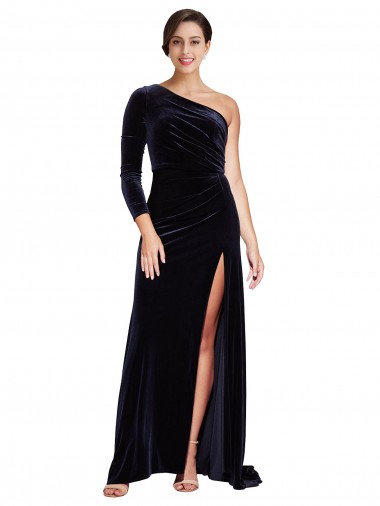 Marinha Negra Um Ombro Mangas Compridas Linha A Vestidos de Madrinha / Vestidos de Noite / Vestidos de Festa Online