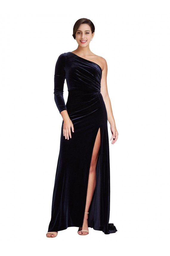 Marinha Negra Um Ombro Mangas Compridas Linha A Vestidos de Madrinha / Vestidos de Noite / Vestidos de Festa Online