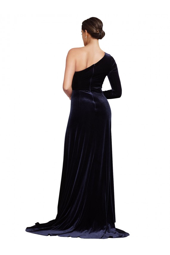 Marinha Negra Um Ombro Mangas Compridas Linha A Vestidos de Madrinha / Vestidos de Noite / Vestidos de Festa Online