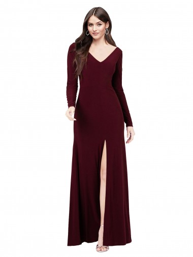 Ouro Borgonha Decote V Mangas Compridas Costas em V Bainha Vestidos de Madrinha / Vestidos de Festa Online