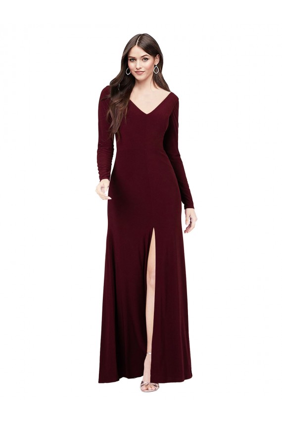 Ouro Borgonha Decote V Mangas Compridas Costas em V Bainha Vestidos de Madrinha / Vestidos de Festa Online