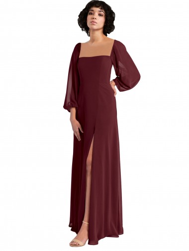 Ouro Borgonha Decote Quadrado Mangas Compridas Linha A Vestidos de Madrinha Online