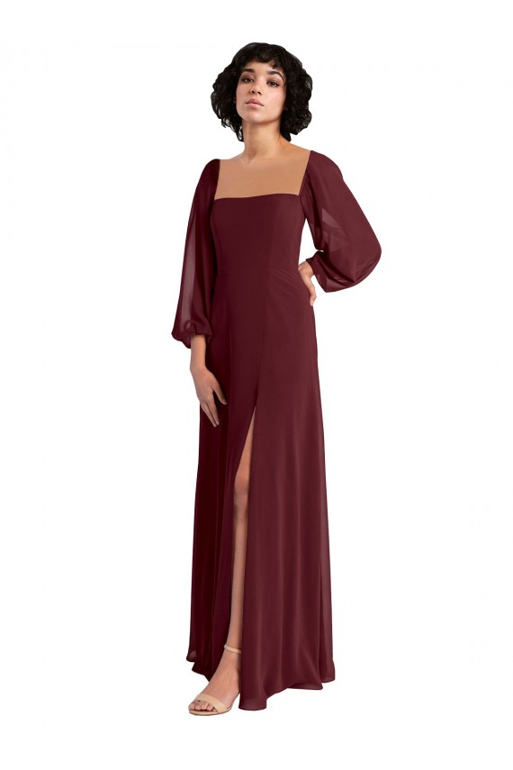 Ouro Borgonha Decote Quadrado Mangas Compridas Linha A Vestidos de Madrinha Online
