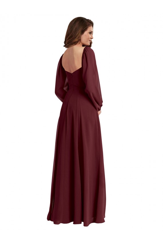 Ouro Borgonha Decote Quadrado Mangas Compridas Linha A Vestidos de Madrinha Online