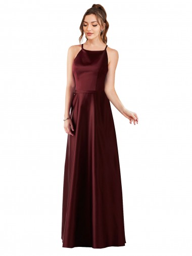 Ouro Borgonha Cabeçada Sem Mangas Linha A Vestidos de Madrinha / Vestidos de Festa Online
