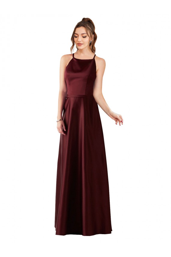 Ouro Borgonha Cabeçada Sem Mangas Linha A Vestidos de Madrinha / Vestidos de Festa Online
