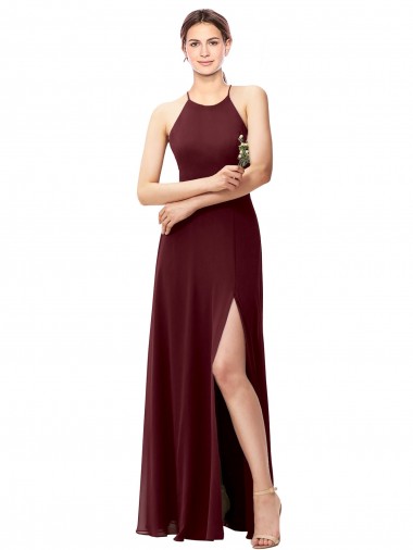 Ouro Borgonha Decote Alto Sem Mangas Criss Cruz Linha A Vestidos de Madrinha Online