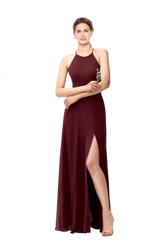 Ouro Borgonha Decote Alto Sem Mangas Criss Cruz Linha A Vestidos de Madrinha Online