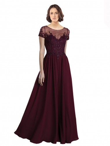 Ouro Borgonha Decote Joia Mangas Curtas Linha A Vestidos de Madrinha Online