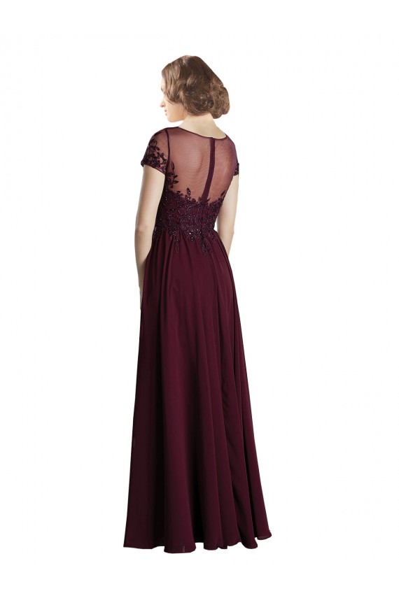 Ouro Borgonha Decote Joia Mangas Curtas Linha A Vestidos de Madrinha Online