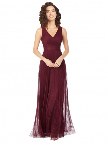 Ouro Borgonha Decote V Sem Mangas Linha A Longo Vestidos de Madrinha Online