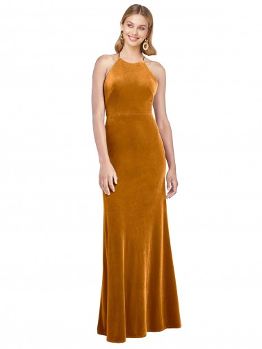 Ouro Decote Alto Sem Mangas Criss Cruz Linha A Vestidos de Madrinha / Vestidos de Noite / Vestidos de Festa Online
