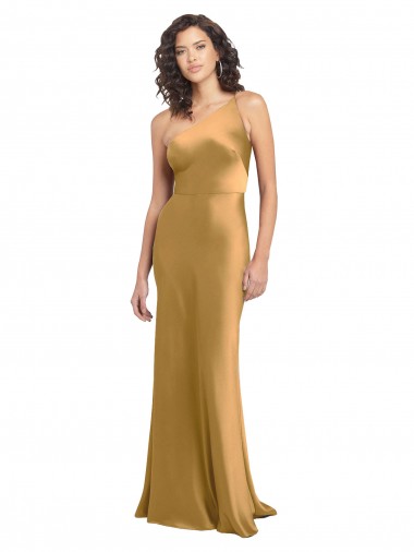 Ouro Um Ombro Sem Mangas Linha A Longo Vestidos de Madrinha / Vestidos de Noite / Vestidos de Festa Online