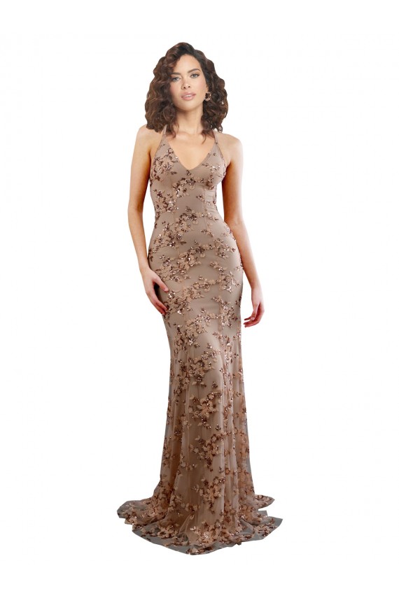 Ouro Rosa Decote Alto Sem Mangas Abrir de volta Sereia Vestidos de Madrinha / Vestidos de Noite / Vestidos de Festa Online