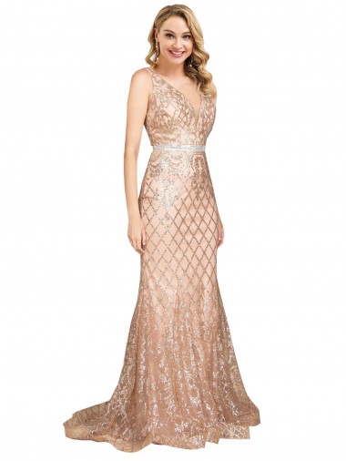 Ouro Rosa Decote V Sem Mangas Costas em V Sereia Vestidos de Madrinha / Vestidos de Noite / Vestidos de Festa Online