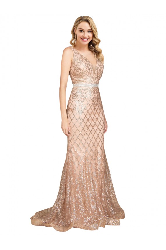 Ouro Rosa Decote V Sem Mangas Costas em V Sereia Vestidos de Madrinha / Vestidos de Noite / Vestidos de Festa Online