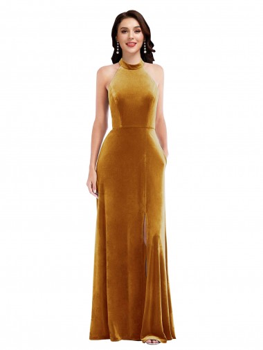 Ouro Decote Alto Sem Mangas Buraco da fechadura Trombeta Vestidos de Madrinha / Vestidos de Festa Online