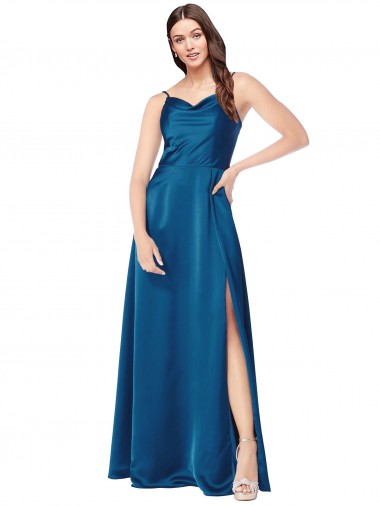 Pavão Azul Decote Capuz Sem Mangas Lombar Linha A Vestidos de Madrinha / Vestidos de Noite / Vestidos de Festa Online