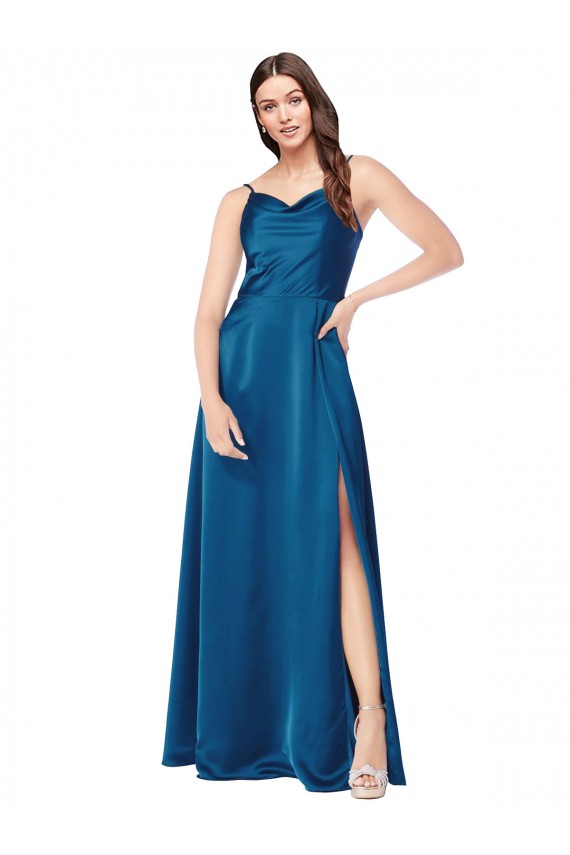 Pavão Azul Decote Capuz Sem Mangas Lombar Linha A Vestidos de Madrinha / Vestidos de Noite / Vestidos de Festa Online