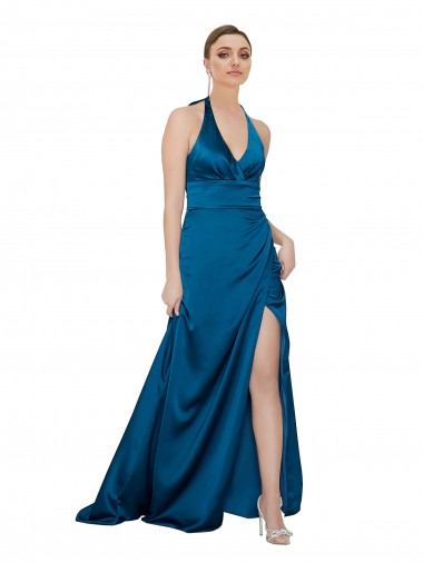 Pavão Azul Cabeçada Sem Mangas Abrir de volta Linha A Vestidos de Madrinha / Vestidos de Noite / Vestidos de Festa Online