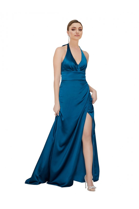 Pavão Azul Cabeçada Sem Mangas Abrir de volta Linha A Vestidos de Madrinha / Vestidos de Noite / Vestidos de Festa Online