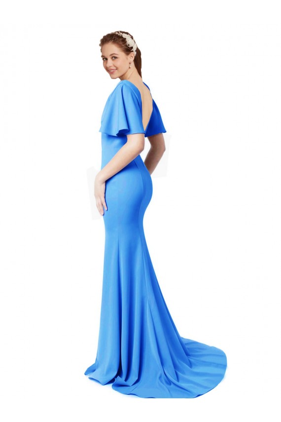 Pavão Azul Decote V Mangas Curtas Costas em V Sereia Vestidos de Madrinha / Vestidos de Festa Online