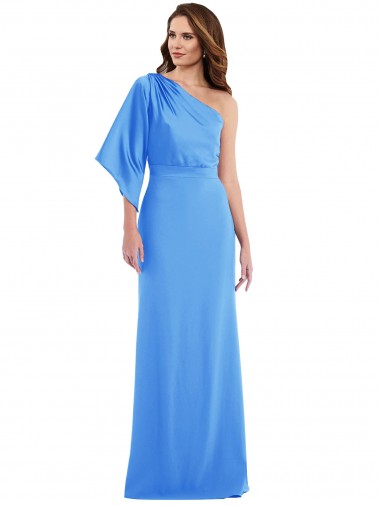 Pavão Azul Um Ombro Mangas Sino Trombeta Vestidos de Madrinha / Vestidos de Festa Online