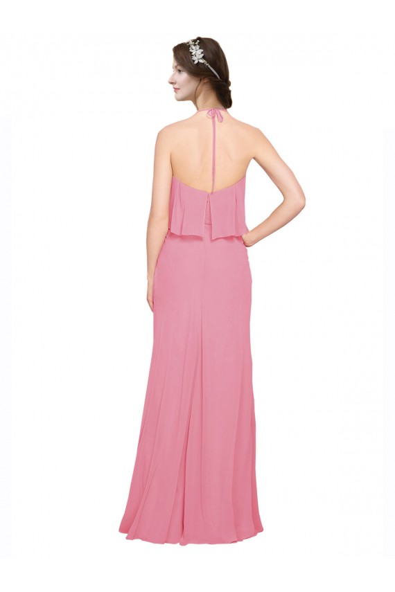 Pele Rosa Decote Alto Sem Mangas Lombar Linha A Vestidos de Madrinha Online
