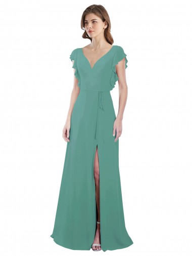 Prata Islandesa Decote V Mangas Curtas Costas em V Linha A Vestido de Madrinha Online