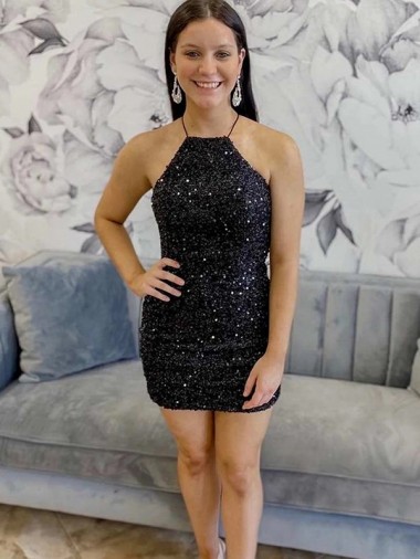 Preto Cabeçada Sem Mangas Bainha Vestidos de Festa Online