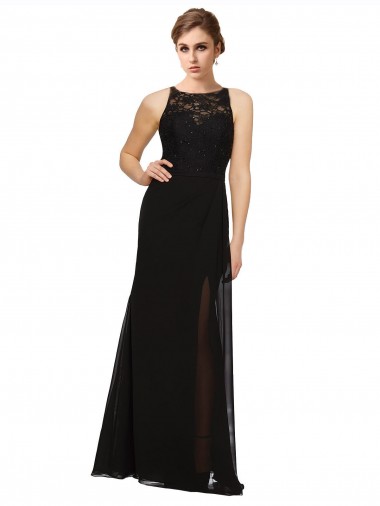 Preto Decote Alto Sem Mangas Bainha Longo Vestidos de Madrinha Online