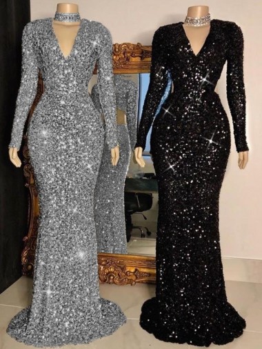 Preto Decote V Mangas Compridas Bainha Vestidos de Festa Online