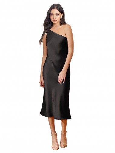 Preto Um Ombro Sem Mangas Bainha Cetim Elástico Vestidos de Madrinha / Vestidos de Noite / Vestidos de Festa Online
