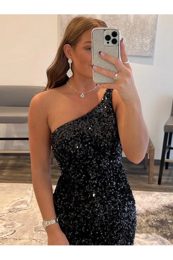 Preto Um Ombro Sem Mangas Bainha Vestidos de Festa Online