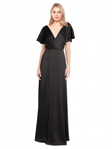 Preto Decote V Mangas Curtas Abrir de volta Linha A Vestidos de Madrinha / Vestidos de Noite / Vestidos de Festa Online