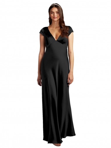 Preto Decote V Mangas Curtas Buraco da fechadura Linha A Vestidos de Madrinha / Vestidos de Noite / Vestidos de Festa Online