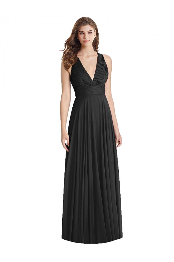 Preto Decote V Sem Mangas Criss Cruz Linha A Vestidos de Madrinha Online