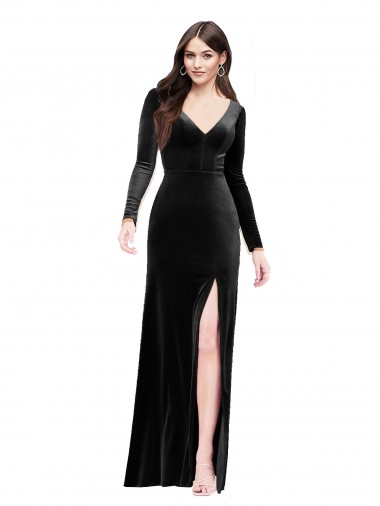 Preto Decote V Mangas Compridas Costas em V Coluna Vestidos de Madrinha / Vestidos de Noite / Vestidos de Festa Online