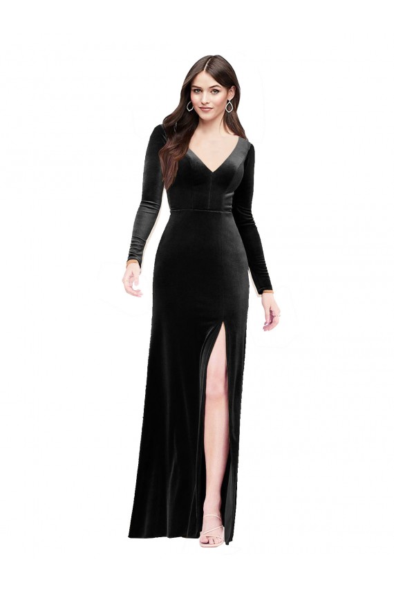 Preto Decote V Mangas Compridas Costas em V Coluna Vestidos de Madrinha / Vestidos de Noite / Vestidos de Festa Online