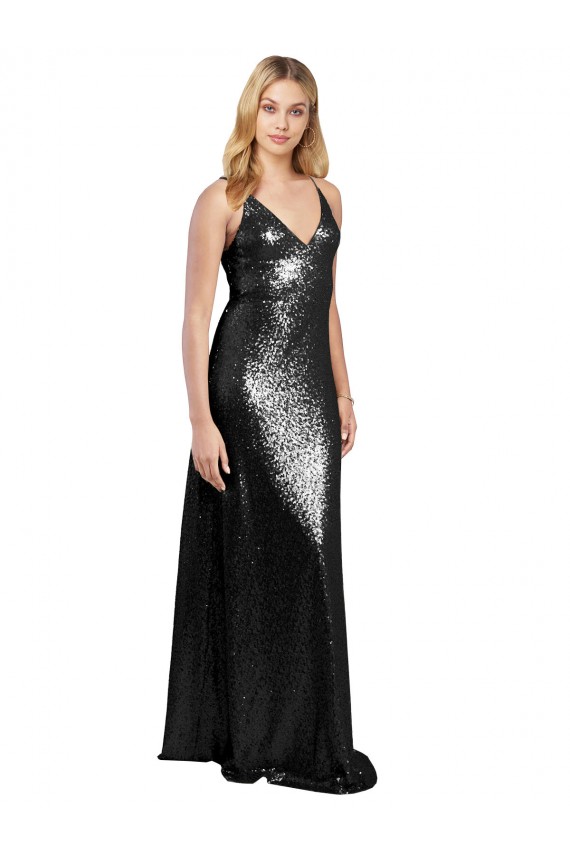 Preto Decote V Sem Mangas Costas em V Linha A Longo Vestidos de Madrinha / Vestidos de Noite / Vestidos de Festa Online