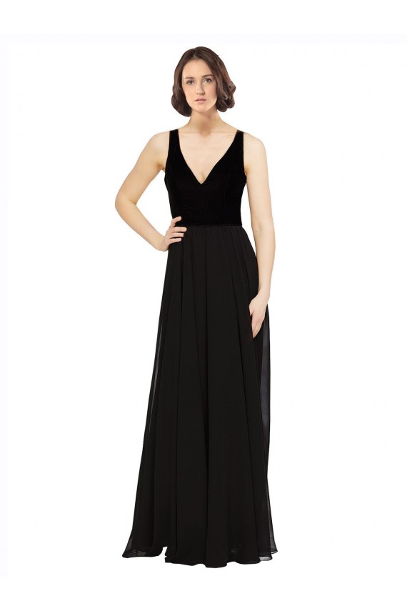 Preto Decote V Sem Mangas Costas em V Linha A Longo Vestidos de Madrinha / Vestidos de Festa Online